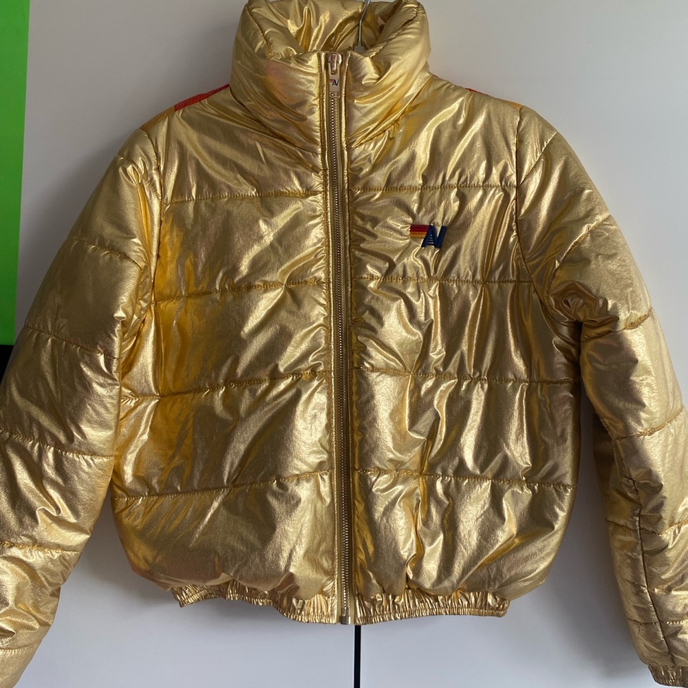 Gold Puffer Jacket with Logo